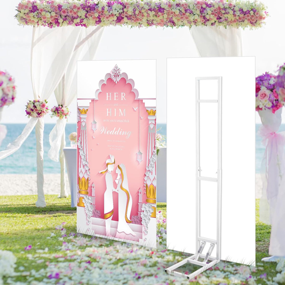 teenyyou white wedding backdrop stand with foldable base,1 shown in use