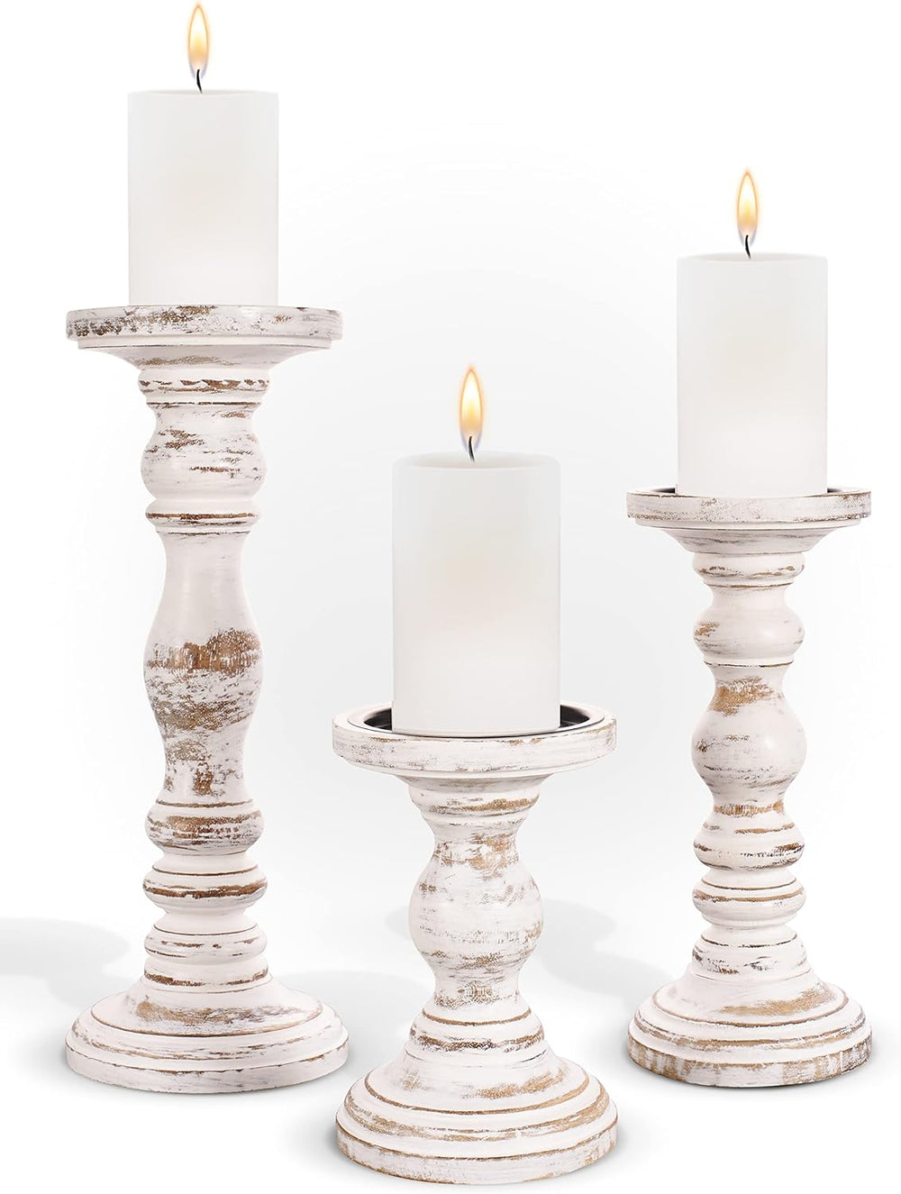 Wooden Pillar Candle Holder, Farmhouse Fireplace Mantel Decor, Rustic White