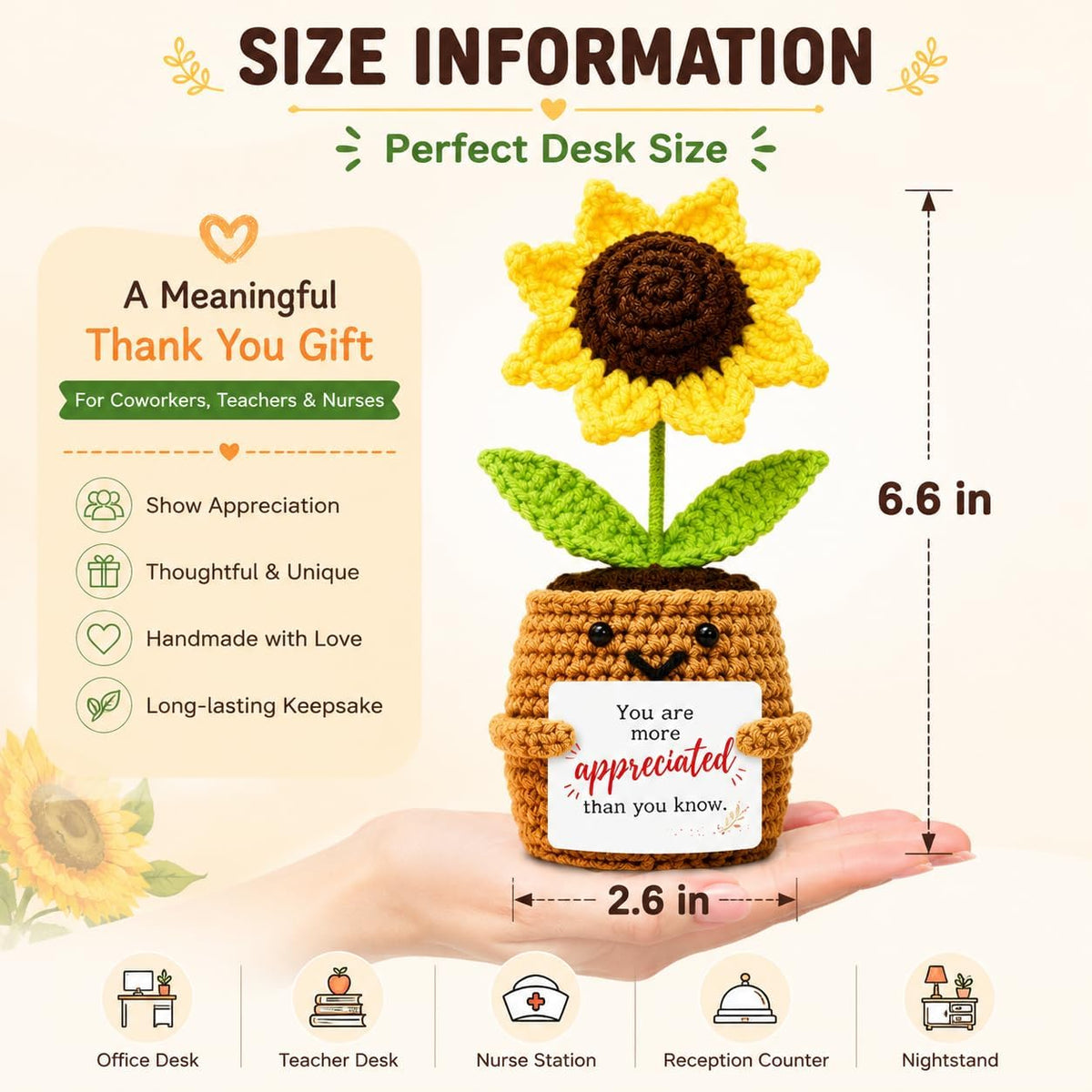 Handmade Positive Sunflower Crochet with Cards - Appreciation Gift for Coworkers, Teachers, Nurses and Friends - Desk Decor (6 Pack)