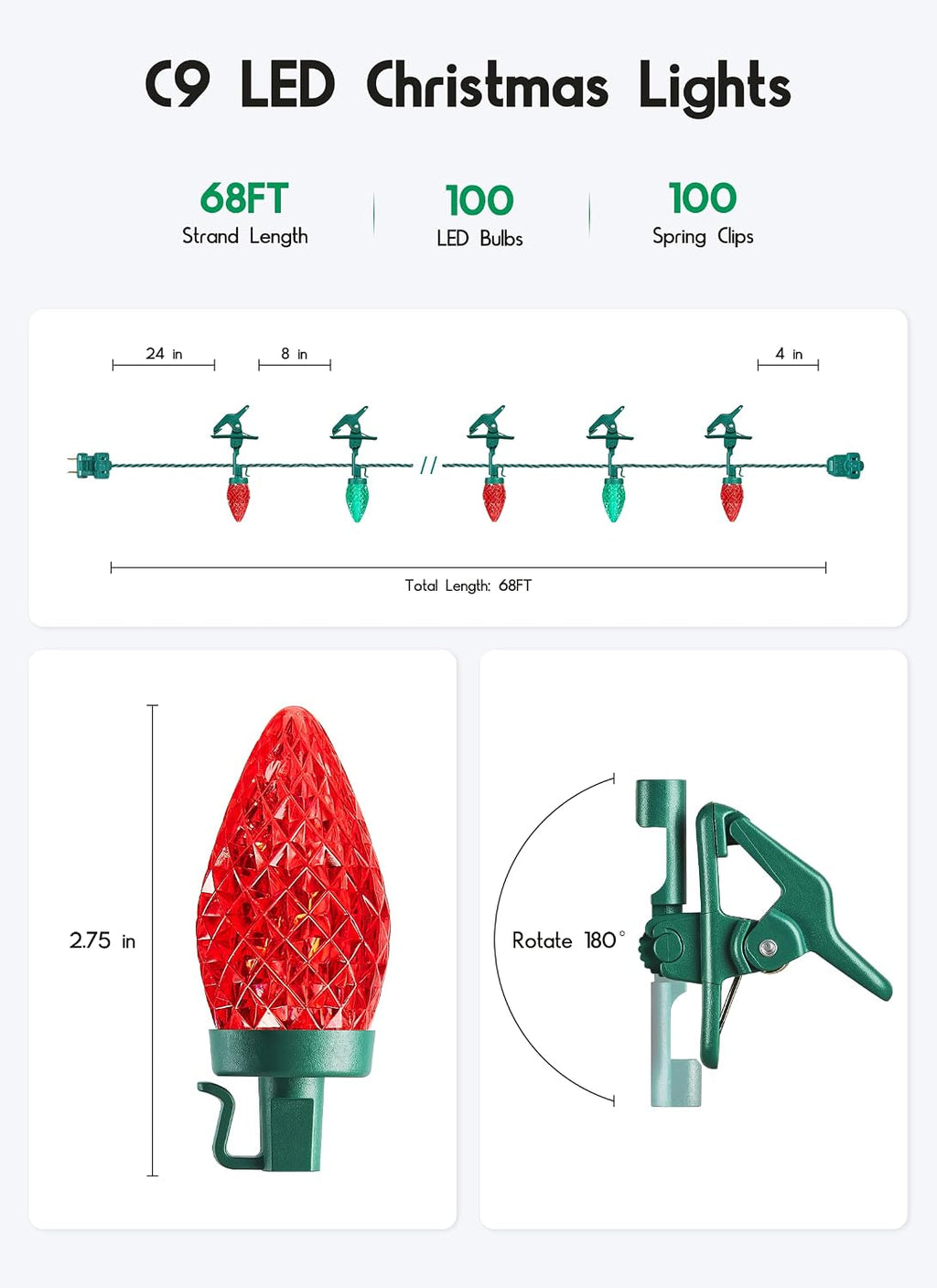brightown christmas lights outdoor, 68ft 100led c9 string, side view