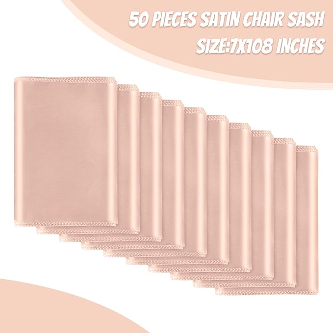 50 PCS Blush Pink Satin Chair Sashes Bows Universal Chair Ribbon Ties Back Sash for Wedding Party Reception Events Banquets Hotel Event Chair Cover Decoration (7x108 inch)