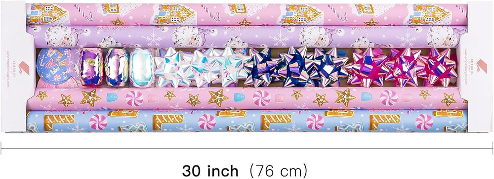 WRAPAHOLIC Christmas Wrapping Paper Set - Pastel Pink Purple Gingerbread Hous...