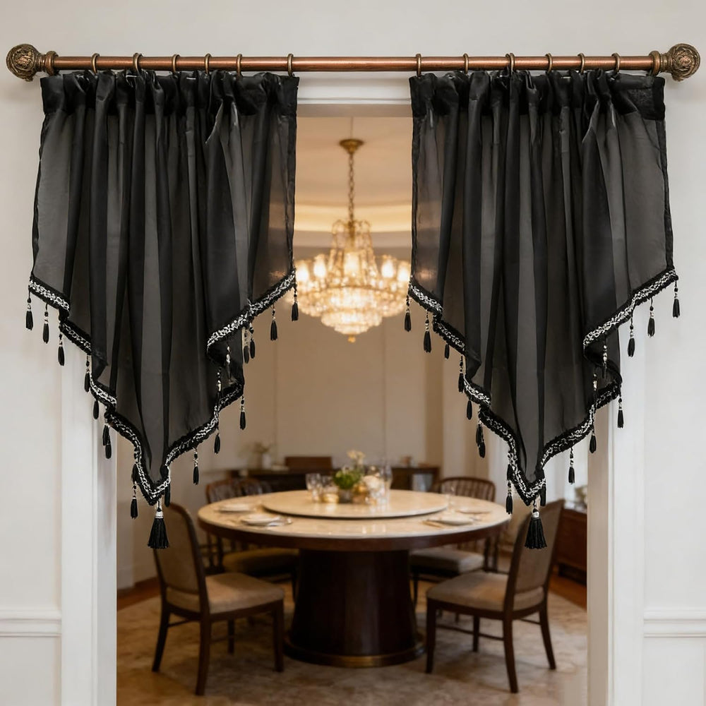 3 Pieces Black Beaded Sheer Valance with Rod Pocket Scalloped Window Curtains...