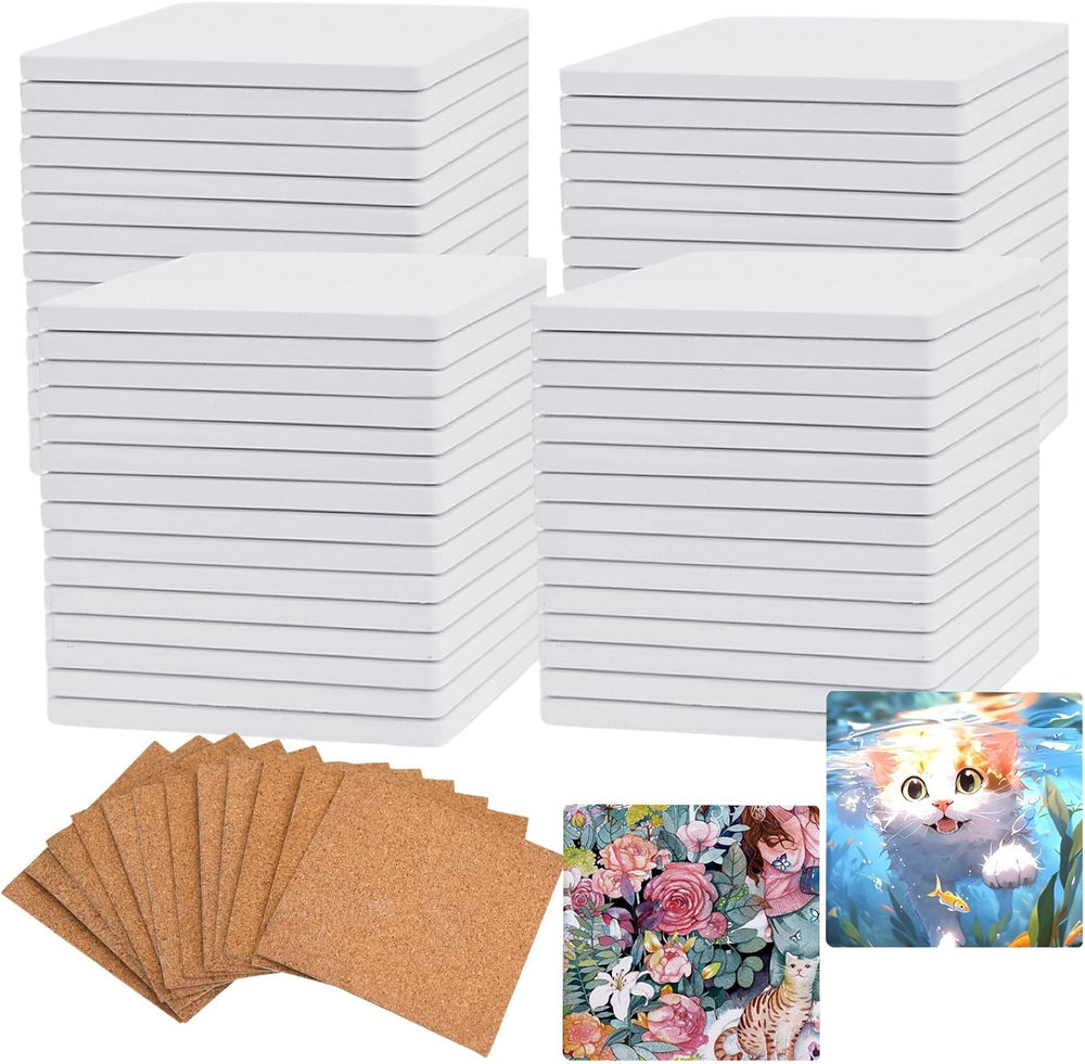 60 Pcs Blank Ceramic Coasters White Ceramic Tiles for Crafts 4x4 in