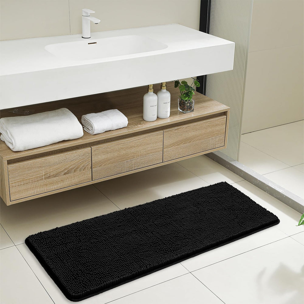 Chenille Bathroom Runner Rug 17"x47" Black, Long Bath Mat