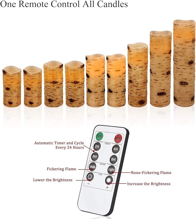 Flameless Flickering LED Candles with Birch Bark Effect - Set of 9 Battery-Operated Real Wax Pillar Candles with 10-Key Remote Control - 2/4/6/8 Hour Timer
