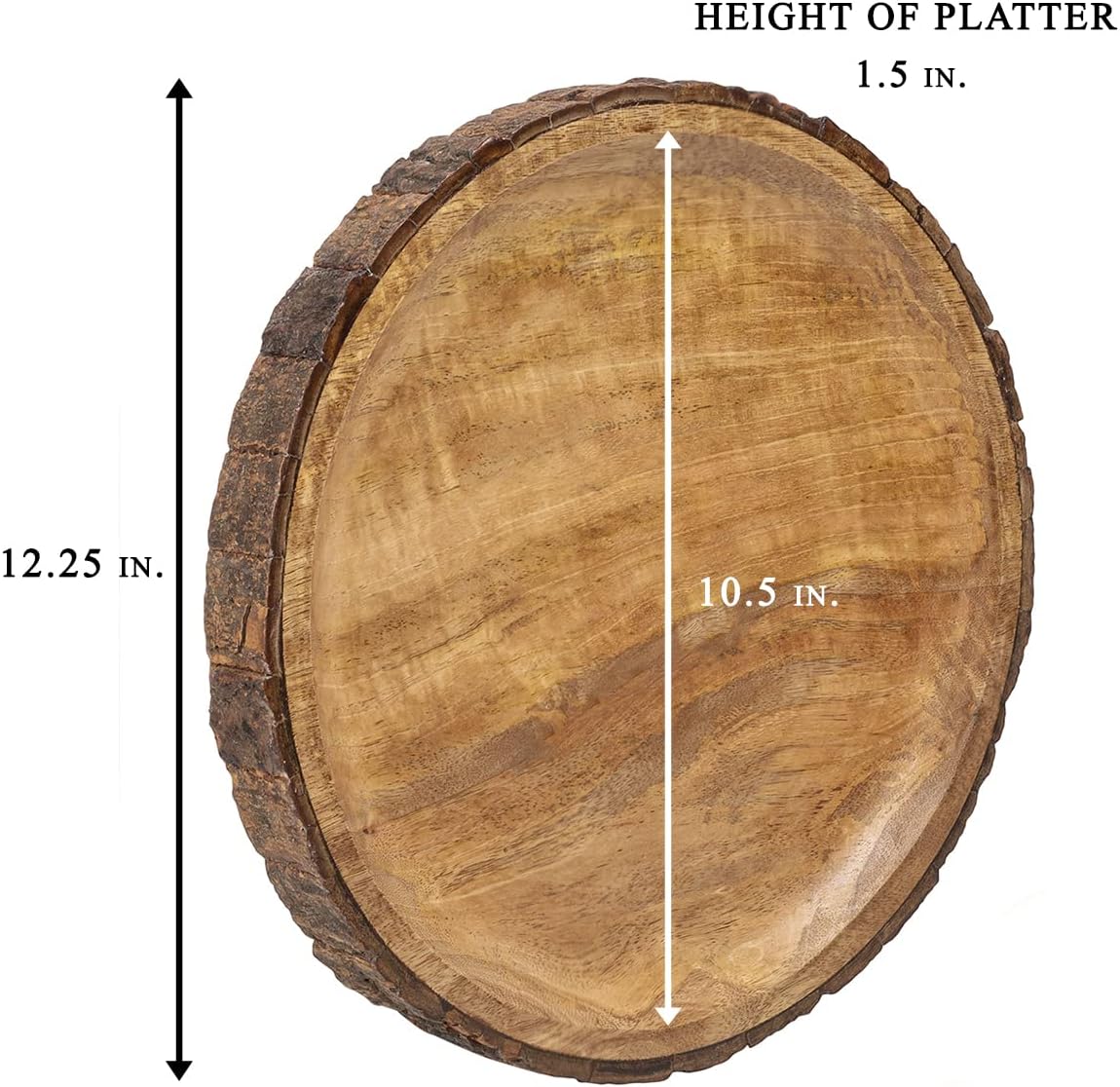 gocraft round wooden serving platter with tree bark showing dimensions