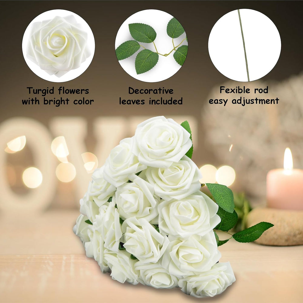 100Pcs Artificial Flowers Real Looking Ivory Foam Fake Roses