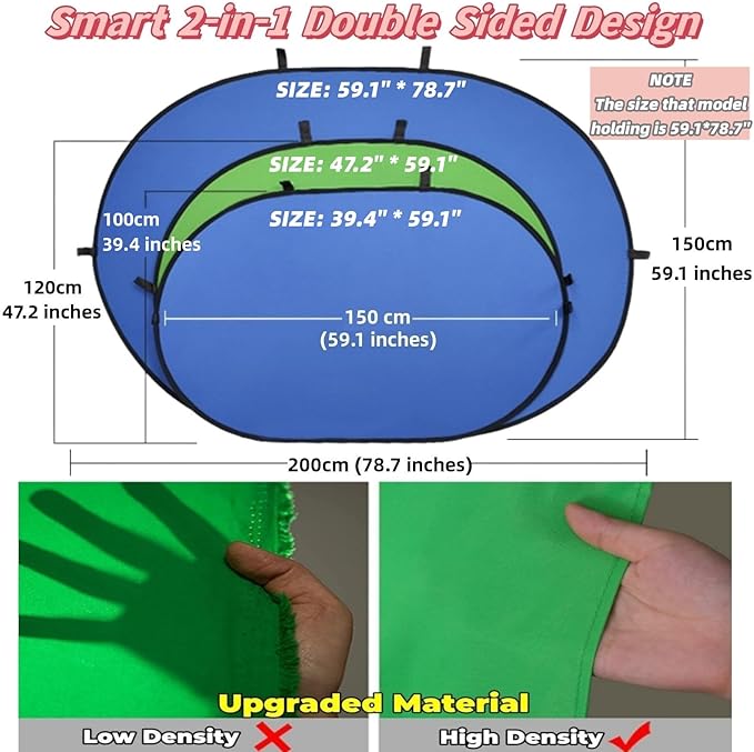 Blue Green Screen Backdrop Double Sided Collapsible Greenscreen Backdrop with Carrying Bag,Portable Pop Up Green Screen Background for Streaming Webcam, Blue & Green 59.1 * 78.7"