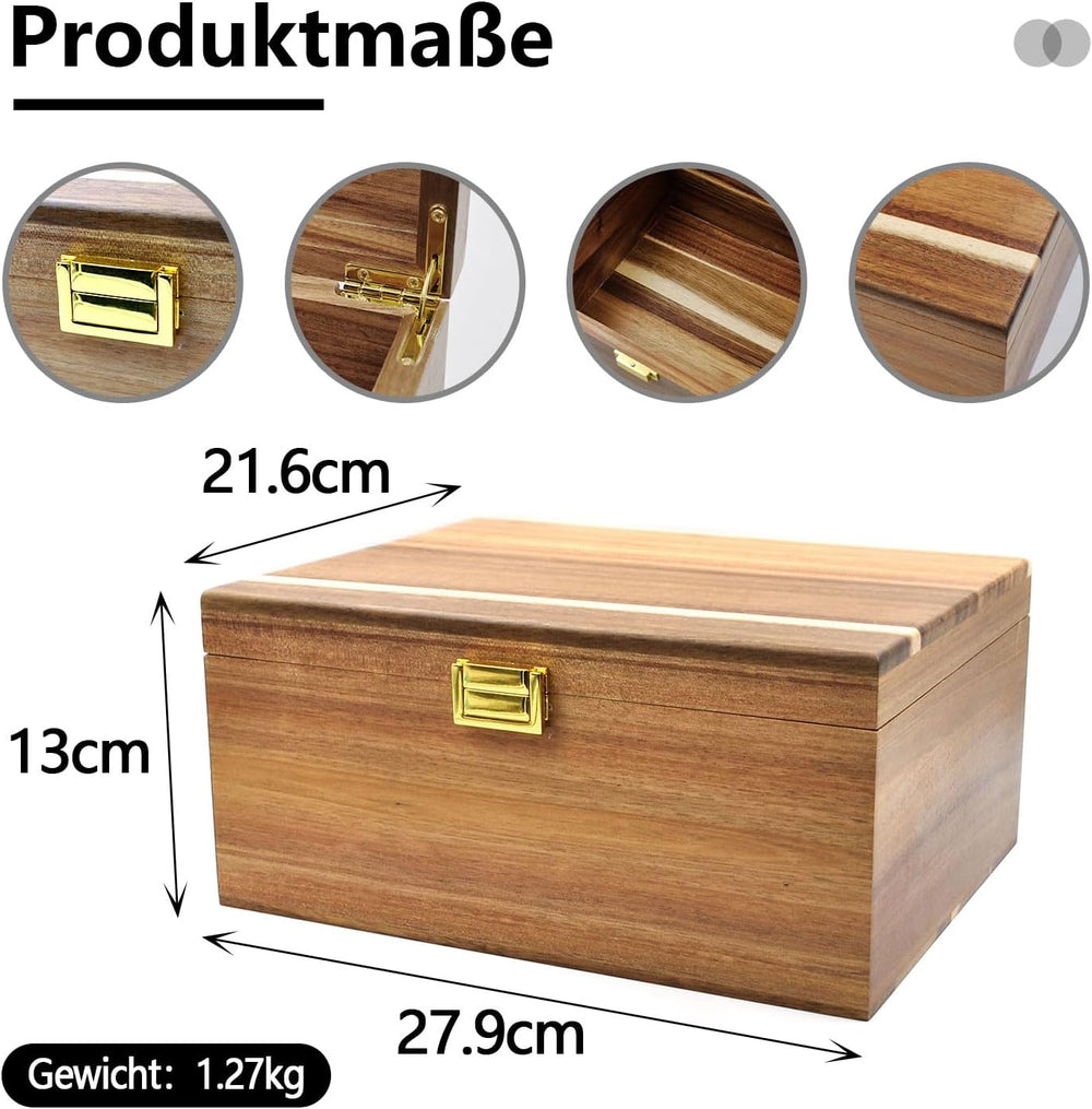 Large Wooden Storage Box with Hinged Lid, Acacia Wood Keepsake Chest