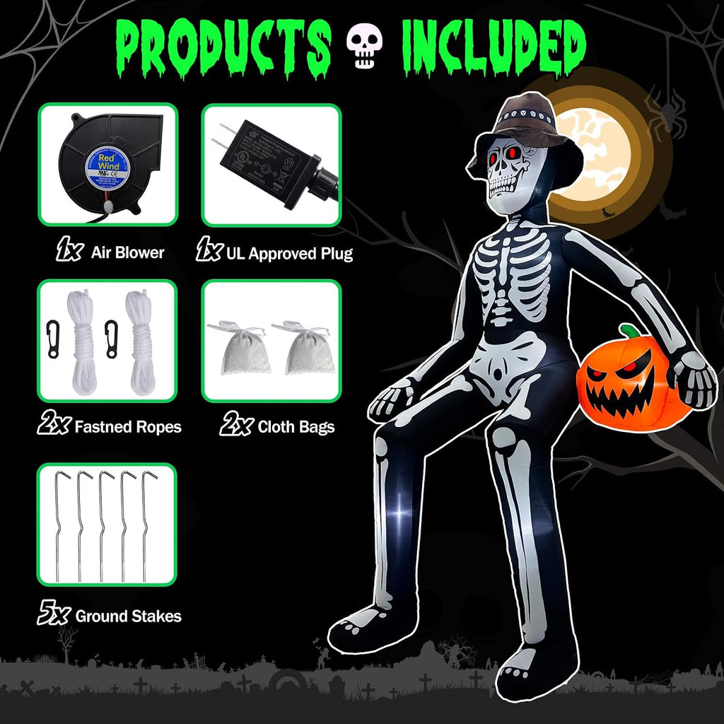 10ft scary halloween inflatables outdoor, giant sitting skeleton, close-up detail