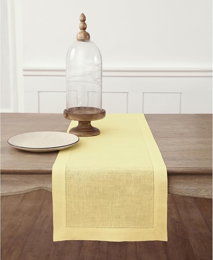 Solino Home Linen Yellow Table Runner 108 Inches Long - 100% Pure Linen 14 x 108 Inch Table Runner - Classic Hemstitch