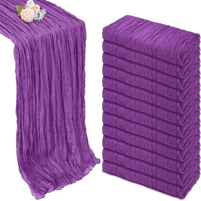 12 Pack Purple Cheesecloth Table Runner 10ft Boho Gauze Fabric Cheese Cloth Table Runner 35 x 120 Inch Rustic Sheer Runner for Romantic Wedding Decor Baby Shower Party Table Centerpiece Decoration