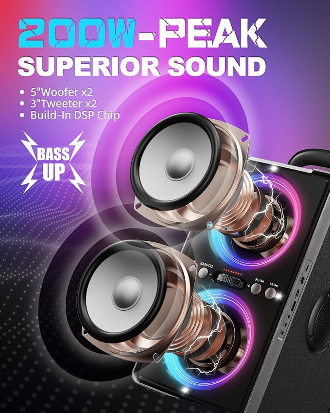 Bluetooth Speaker, 200W(Peak) Loud Stereo with Deep Bass, 20H Playtime, TWS, 30W Fast Charging, Portable Handle, Wireless Large Boombox with LED Light for Party Outdoor Backyard Beach