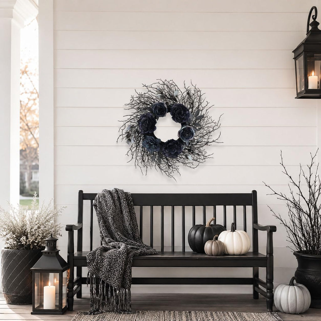 22 inch pre-lit black twig halloween wreath for showing dimensions