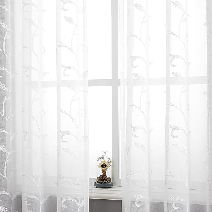 VISIONTEX White Sheer Voile Curtains, Decorative White Embroidery Faux Linen Rod Pocket Window Drapes for Home Kitchen, Living Room and Bedroom 54 x 108 Inch, Set of 2 Curtain Panels