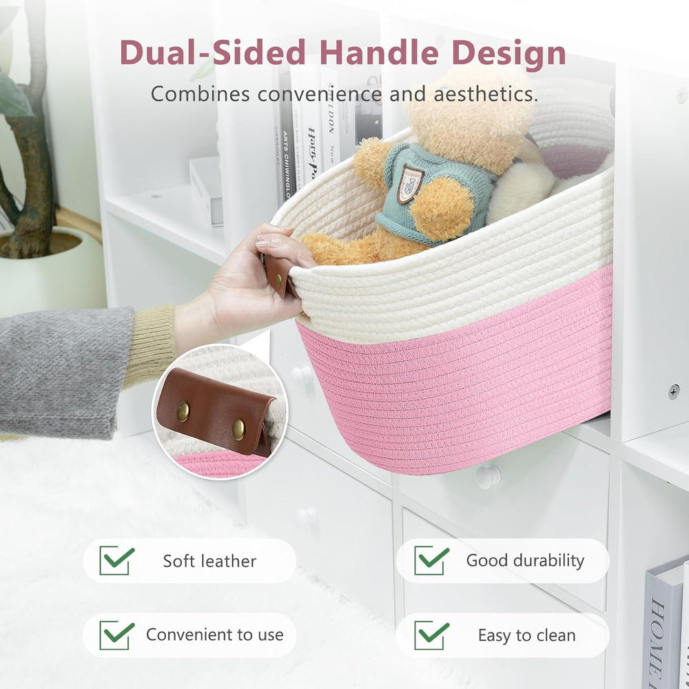 ECDYQXVU 15x10x9 Woven Cotton Rope Storage Basket, Leather Handles 3 Pack