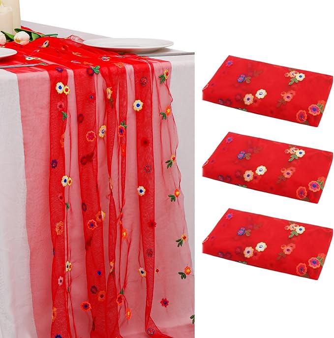 BINBE 3pcs Daisy Fall Table Runner Embroidery Gauze 10FT Florals Seasonal Tulle Holiday Birthday Kitchen Dining Table Decor for Home Party Red