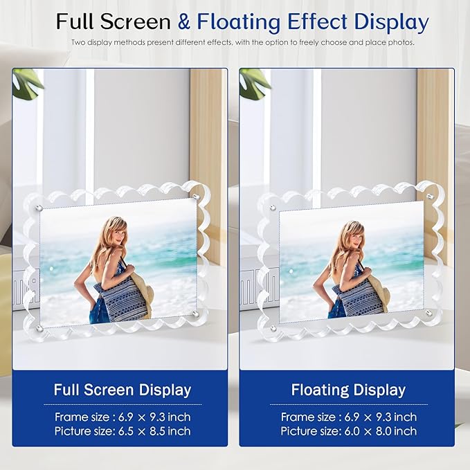 Magnetic Photo Frame 6×8Inch - 2Pack Acrylic Scalloped Glass Frames, 12+12mm Thick Double-Sided Design.Clear Picture Frame with Thick Block | Trendy Home Gift Set (2 Pack, 6×8)