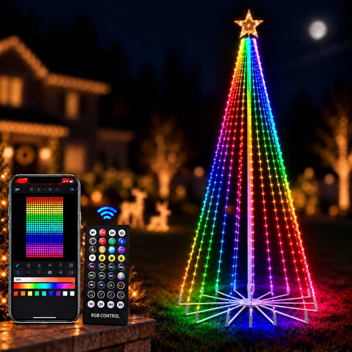 9FT Outdoor Christmas Tree with Lights, Smart RGBW LED Lighted Xmas Tree