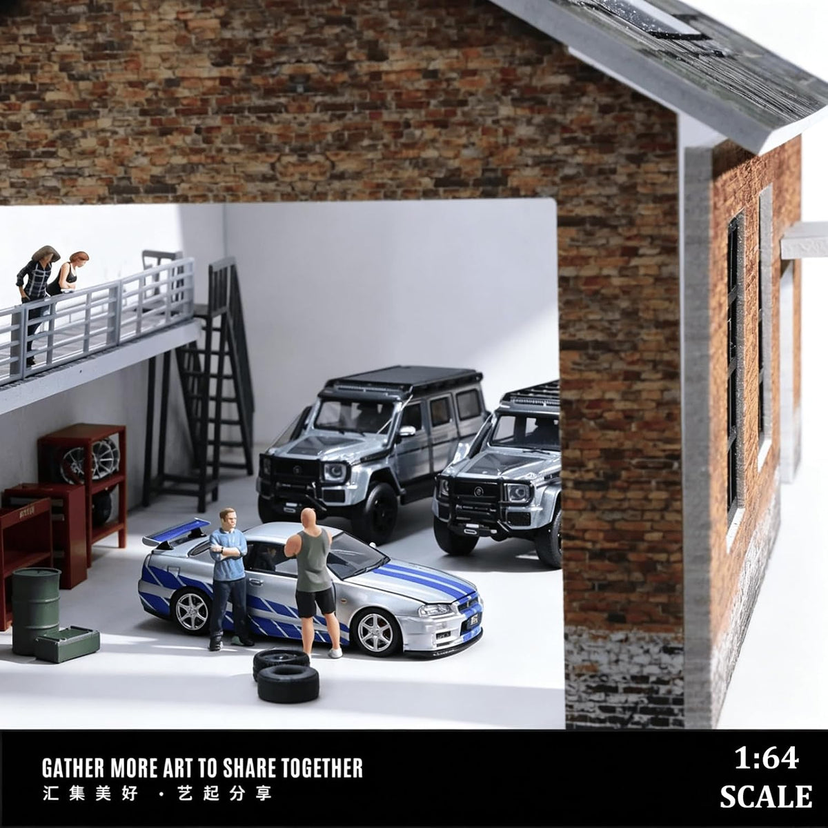 1/64 Diorama Old Factory Garage Model, LED Lighting Workshop Parking Lot Scene Display Case, Diecast Model Cars Parking Lot Building, American Diorama (Dilapidated Factory)