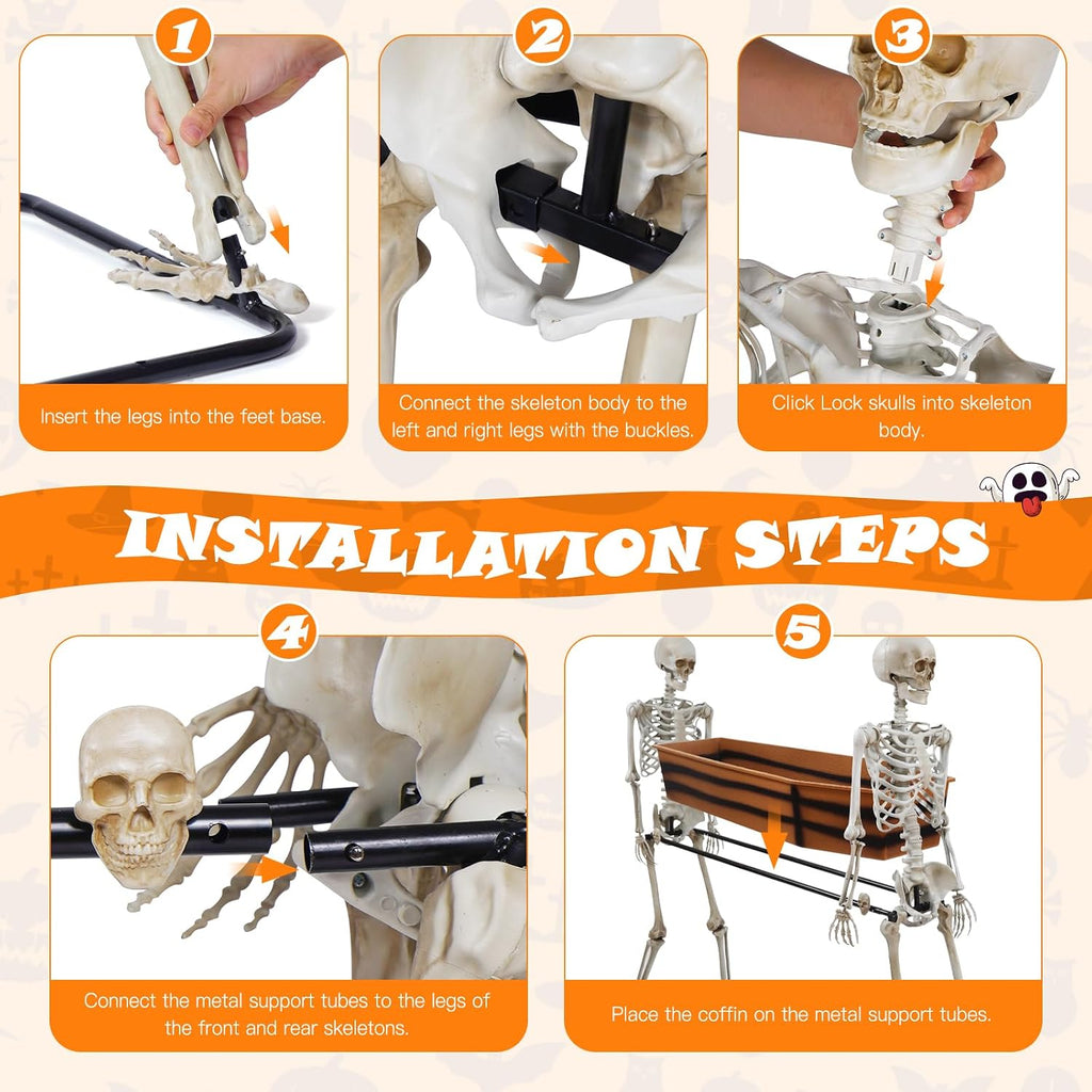 Quntis Halloween Skeleton Outdoor Decorations - 5ft Posable Skeletons Carrying Coffin - Life Size Undead Pallbearers Drink Cooler - Spooky Graveyard Haunted Houses Halloween Party Display Prop