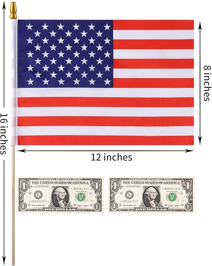 100pcs Small American Flags on Stick, Handheld 8 x 12 Inchs Mini American Flags with Kid-Safe Golden Spear Top, US Flags for 4th of July Decorations Outdoor, Independence Day Decorations