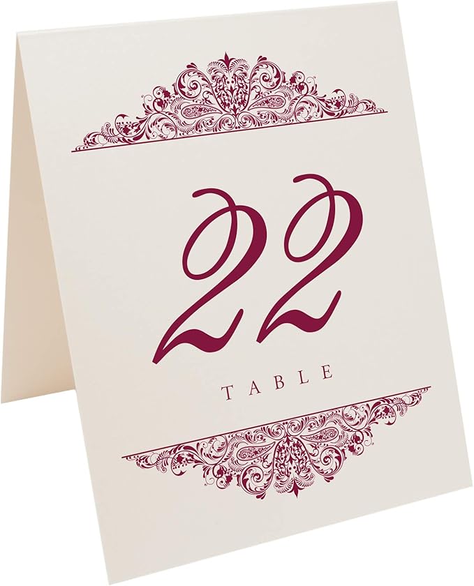 Paisley Wedding Table Numbers (Select Color/Quantity), Champagne, Burgundy, 1-30, Double Sided, Tent or Use in a Stand, Great for Parties & Restaurants - Made in the USA