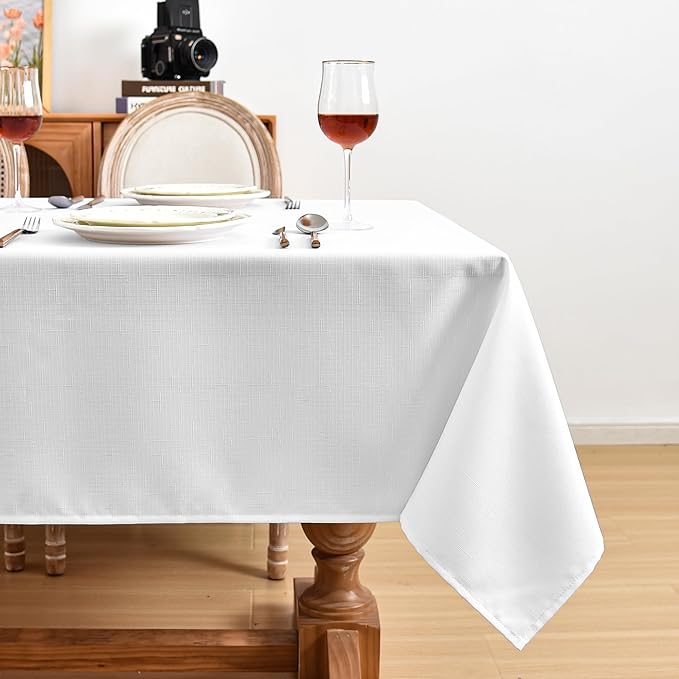 Fitable Faux Linen White Tablecloths for 8 Foot Rectangle Tables - 60 x 120 Inch - 6 Pack Fabric Textured Folding Table Clothes Faux Burlap Table Covers for Wedding, Party, Banquet, Birthday