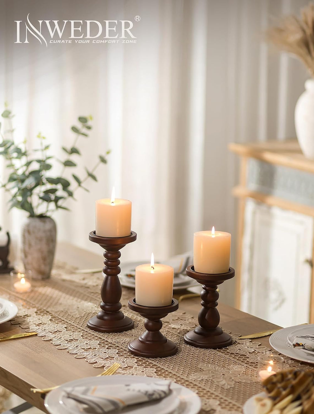 Wood Pillar Candle Holder: Mid Century Modern Brown Candle Stand