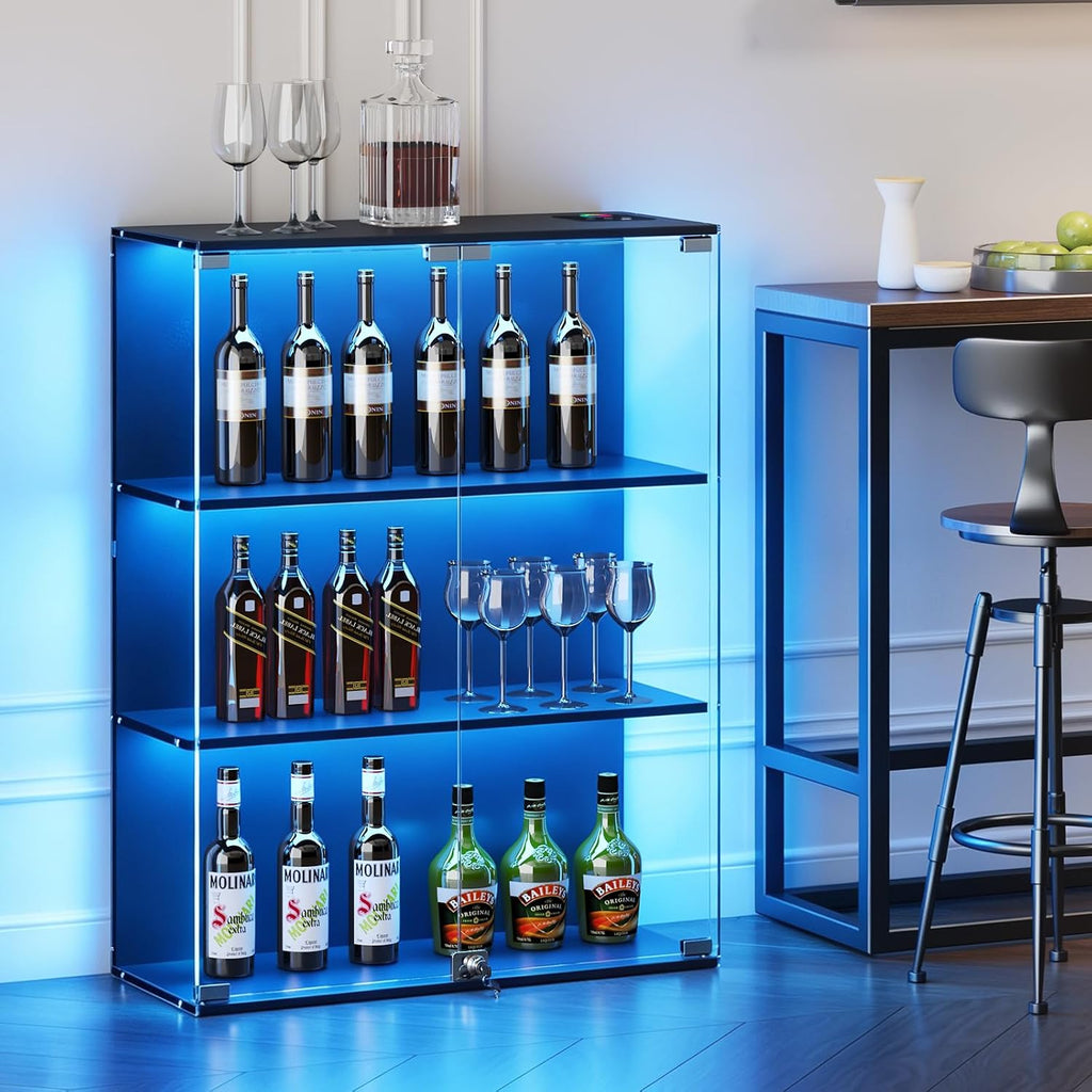 VersionTECH. Glass Display Cabinet with RGB LED Lights, Full-View Display, 3-Tier Display Case with Glass Doors for Collectibles, Cabinets with Lock, Human Sensor, Charging Station, Black