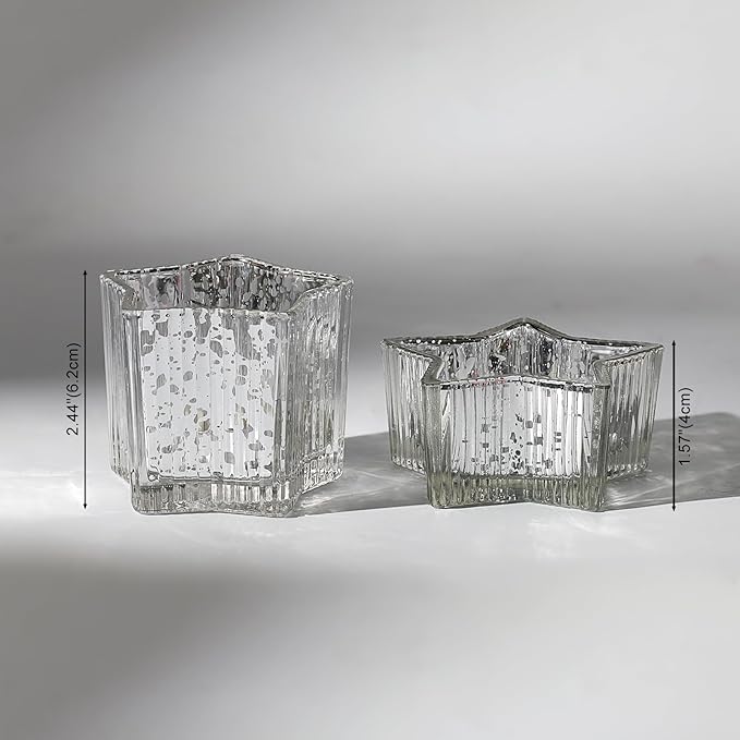 Letine 10pcs Silver Ribbed Star Candle Cups - Assorted Height Tea Light Holders, Votive Candle Holders forWedding, Fall Table Centerpiece, Mercury Glass Lucky Star Jar Decor(Tall 2.44", Short 1.57")