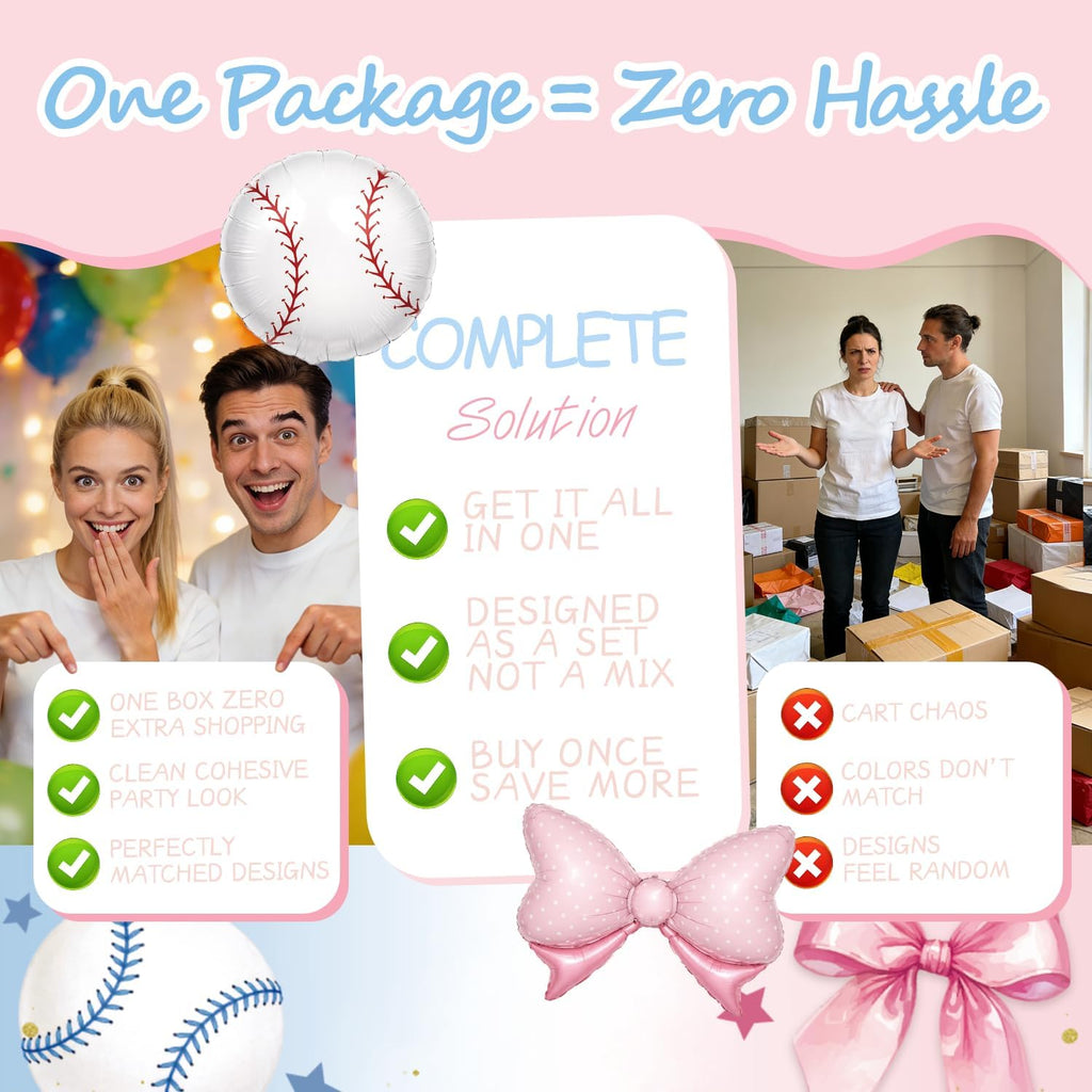 Cocomigo Baseballs or Bows Gender Reveal Decorations, Serves for 25