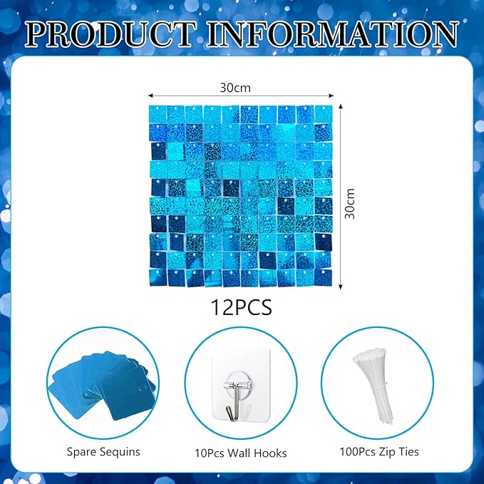 12PCS Lake Blue Shimmer Wall Backdrop, Laser Square Sequin Photo Backdrops Panel, Glitter Wall Background for Birthdays, Weddings, Christmas, Engagements, Disco Bachelorette Party Decoration (3FTx4FT)