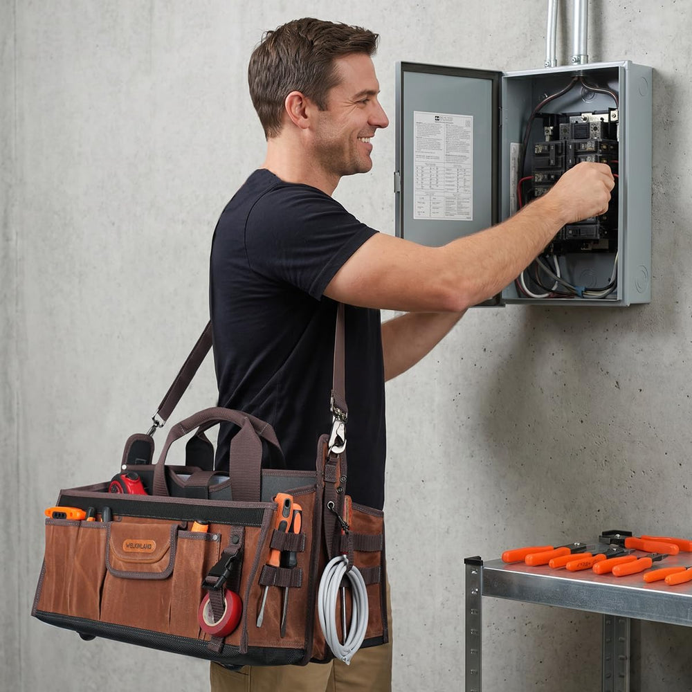 WELKINLAND 21-Pockets Waxed Canvas Tool Tote, 18-Inch Electrician Tool Bag