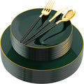 Liacere 150PCS Green Plastic Plates - Gold Plastic Silverware with Green Handle - Heavy Duty Fancy Plastic Plates Disposable Include 30 Guests Plates, Forks, Spoons, Knives for wedding＆Labor Day