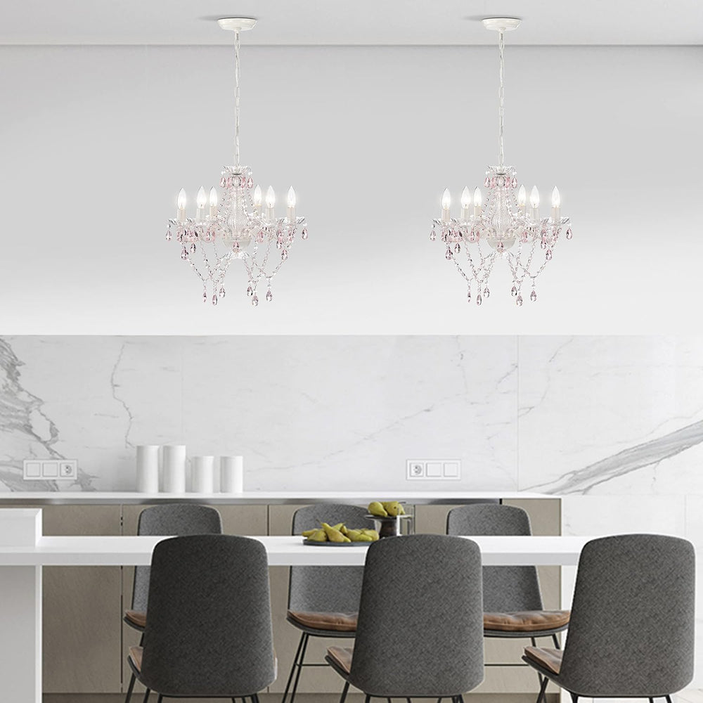 Mr.Color White Chandeliers Pink Crystal Chandelier Lighting Fixture 6 Light C...