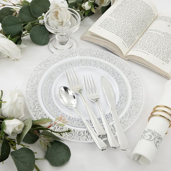 WELLIFE 350pcs Silver Party Dinnerware Set for 50 Guests, Silver Wedding Plates Disposable Heavy Duty, Including :50 Dinner Plates, 50 Dessert Plates, 50 Cups, 50 Napkins, 50 Sliver Silverware Set