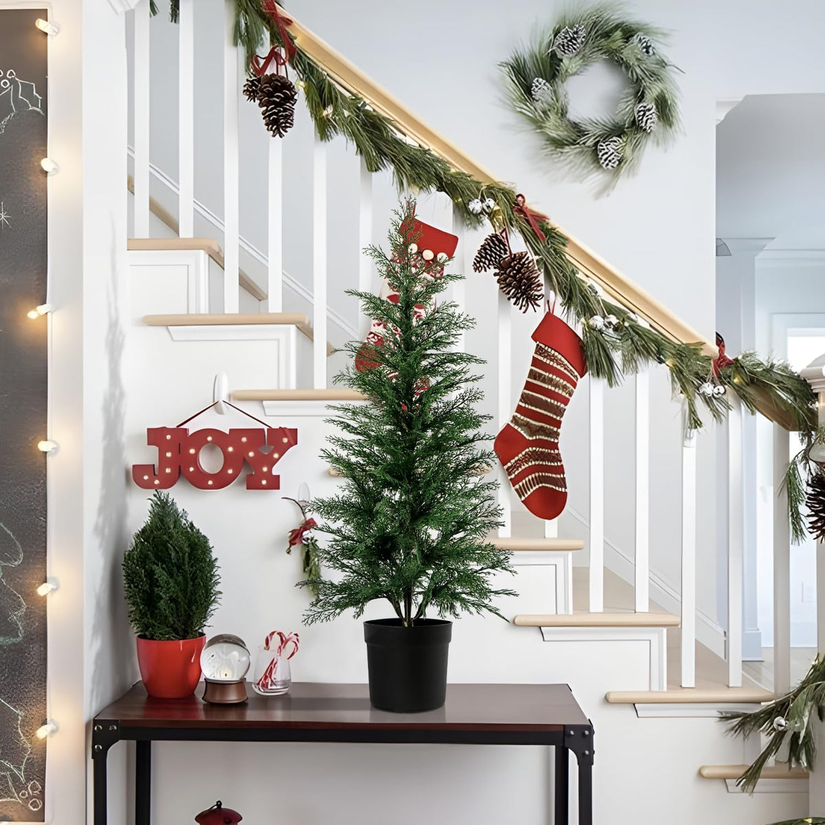 3FT Artificial Cedar Topiary Trees for Indoor Outdoors, Potted Fake Cypress Christmas Trees Faux Cedar Pines Evergreen Plants for Home Front Porch Decor (1, Green)