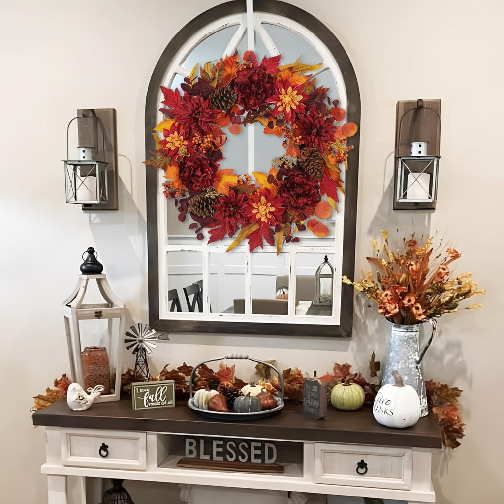 24" artificial fall floral wreath for front door showing dimensions