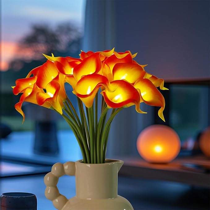 20pcs Artificial Calla Lily Bouquet Lamp Faux Floarl Night Light Real Touch Flower Night Lamp LED Calla Lily Artificial Flower Light for Christmas Gifts Home Kitchen Decor(Orange)