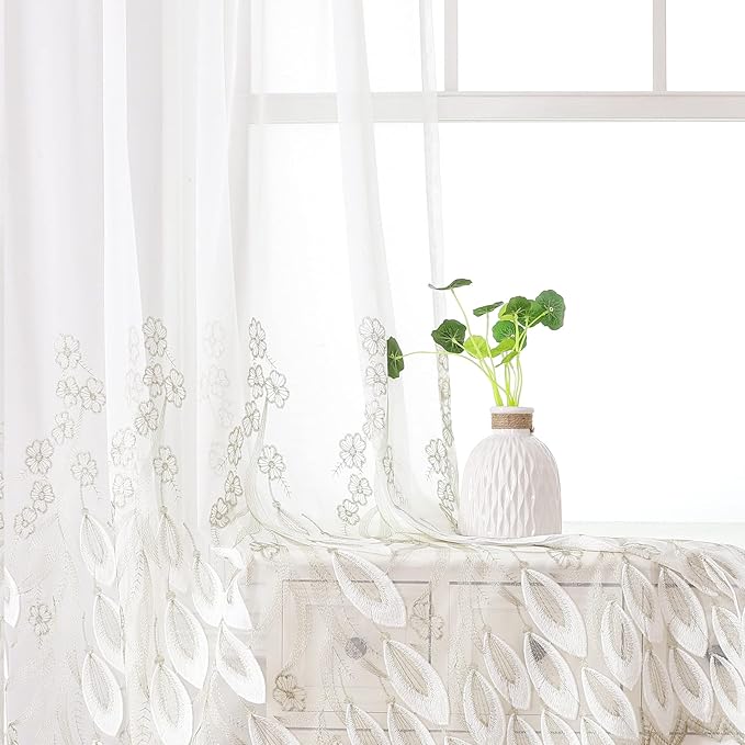 VISIONTEX White Sheer Voile Curtains, Decorative White Embossed Drip Rod Pocket Window Drapes for Home Kitchen, Living Room and Bedroom 54 x 95 Inch, Set of 2 Curtain Panels