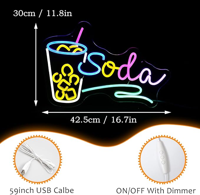 Soda Neon Sign LED Neon Light Dimmable Cocktails Neon Sign for Wall Decoration 16.7’’X11.8’’ Bar Business Sign Kitchen Wall Art Decoration Man Cave Beer Bar Club Birthday Party Decor…