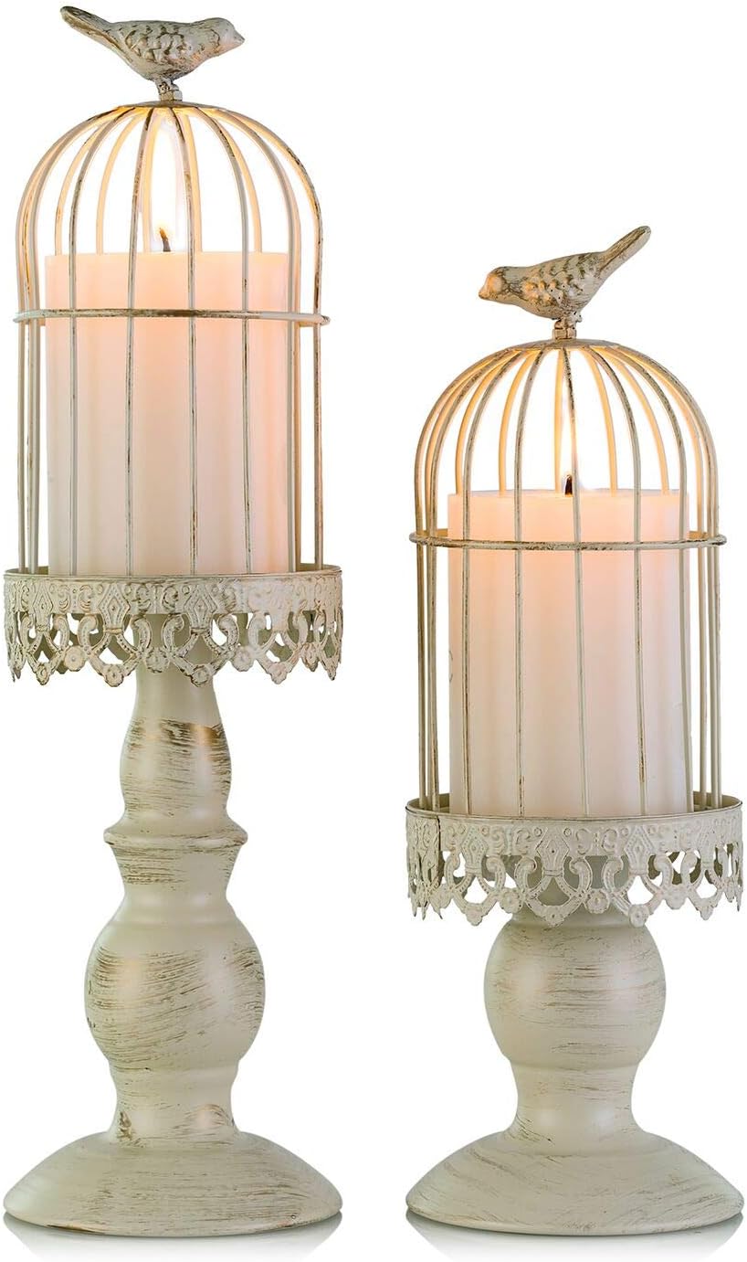 Sziqiqi Birdcage Candle Holders Decorative Set of 2，Distressed Ivory