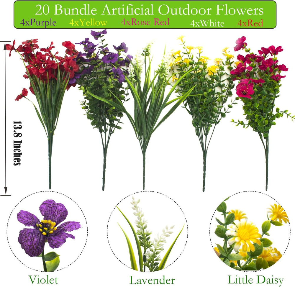 Grunyia 20 Bundles Artificial Flowers Outdoor No Fade UV Resistant Fake Plast...