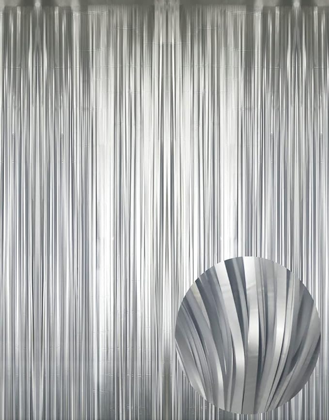 GOER 3.2 ft x 8.2 ft Metallic Tinsel Foil Fringe Curtains Party Photo Backdrop Party Streamers for Birthday,Graduation,New Year Eve Decorations Wedding Decor (3 Pcs,Matte Silver,Thick Material)