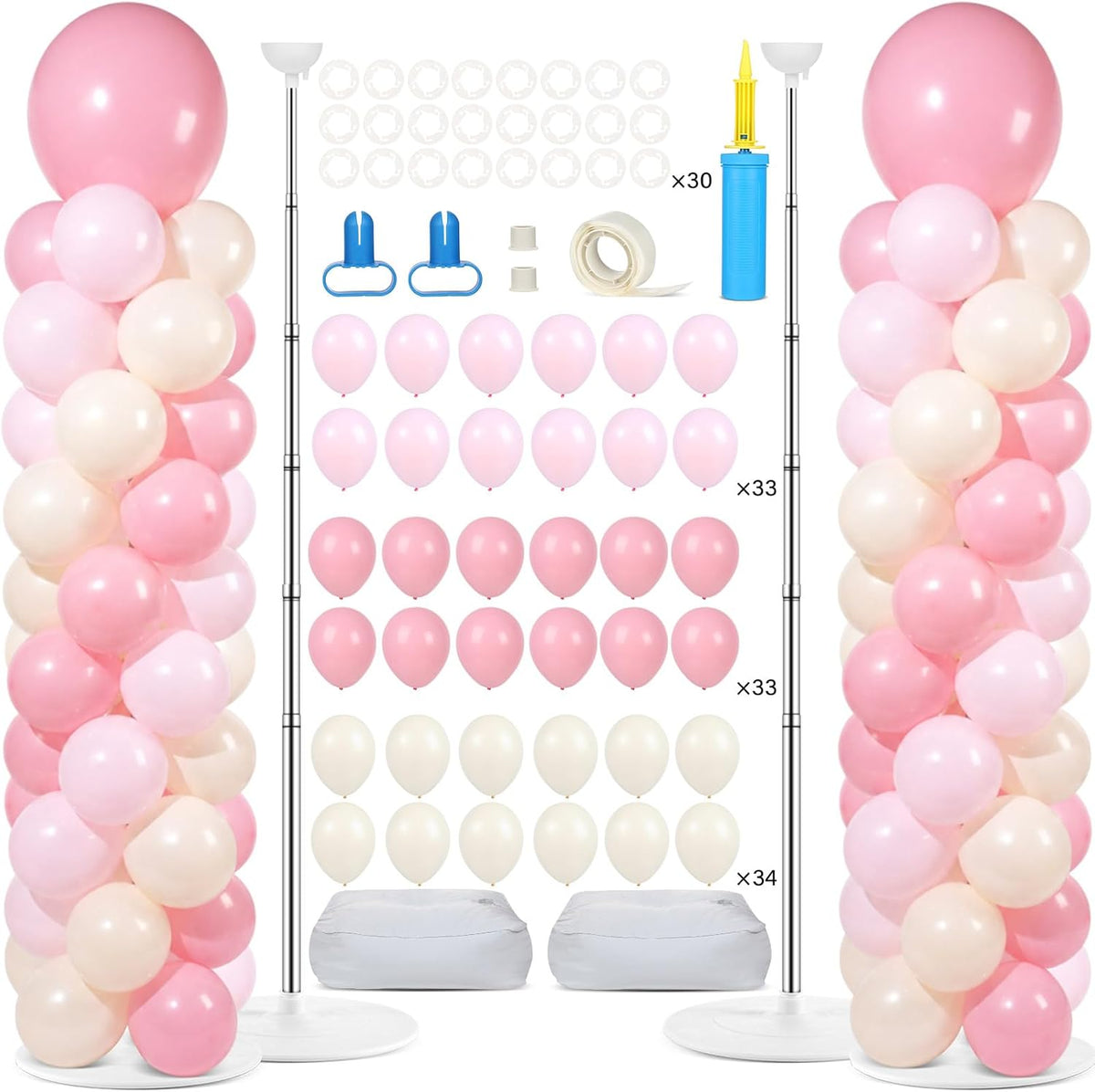 2 Sets Adjustable Balloon Column Stand Kit with Bases（Blush Pink）