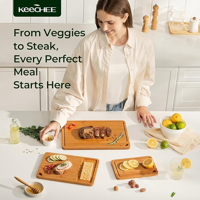 Bamboo Cutting Board, Durable Wood Cutting Boards for Kitchen with Deep Juice Grooves & Built-in Handles, Ideal Charcuterie & Chopping for Meat, Vegetables and Fruits Ideal Kitchen Gifts