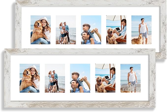 8x24 Picture Frame 2 Pack, Distressed White Wood Frame with Tempered Glass, Display Pictures Multiple Five 4x6 With Mat or 8 x 24 Without Mat - Horizontal or Vertical Wall Mounting