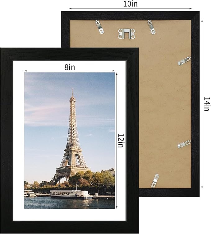 10x14 Picture Frame Set of 4 with Tempered Glass, Black Frame Display 8x12 Picture with Mat or 10 x 14 Without Mat, Rustic Wood Photo Frames for Horizontal or Vertical Wall Mounting